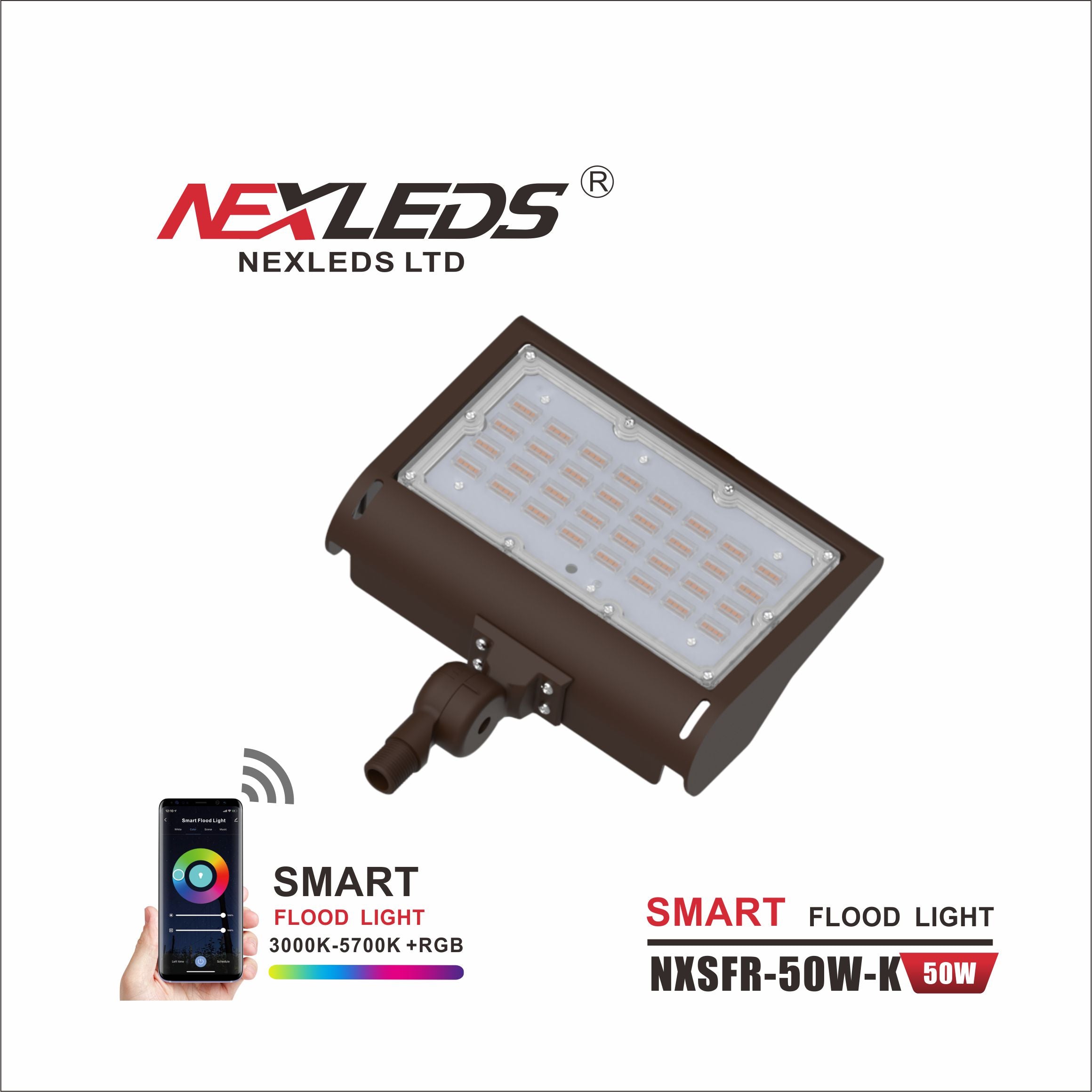 Projecteur à LED RVB intelligent NEXLEDS, montage sur rotule, 50W