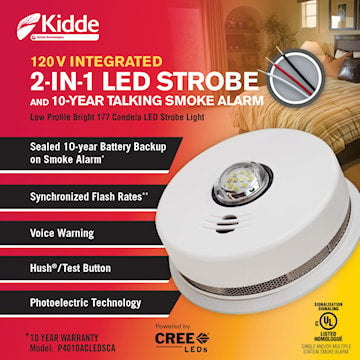 Kidde P4010ACLEDSCA 120 VAC Integrated 2-in-1 LED Strobe and 10-Year Talking Smoke Alarm