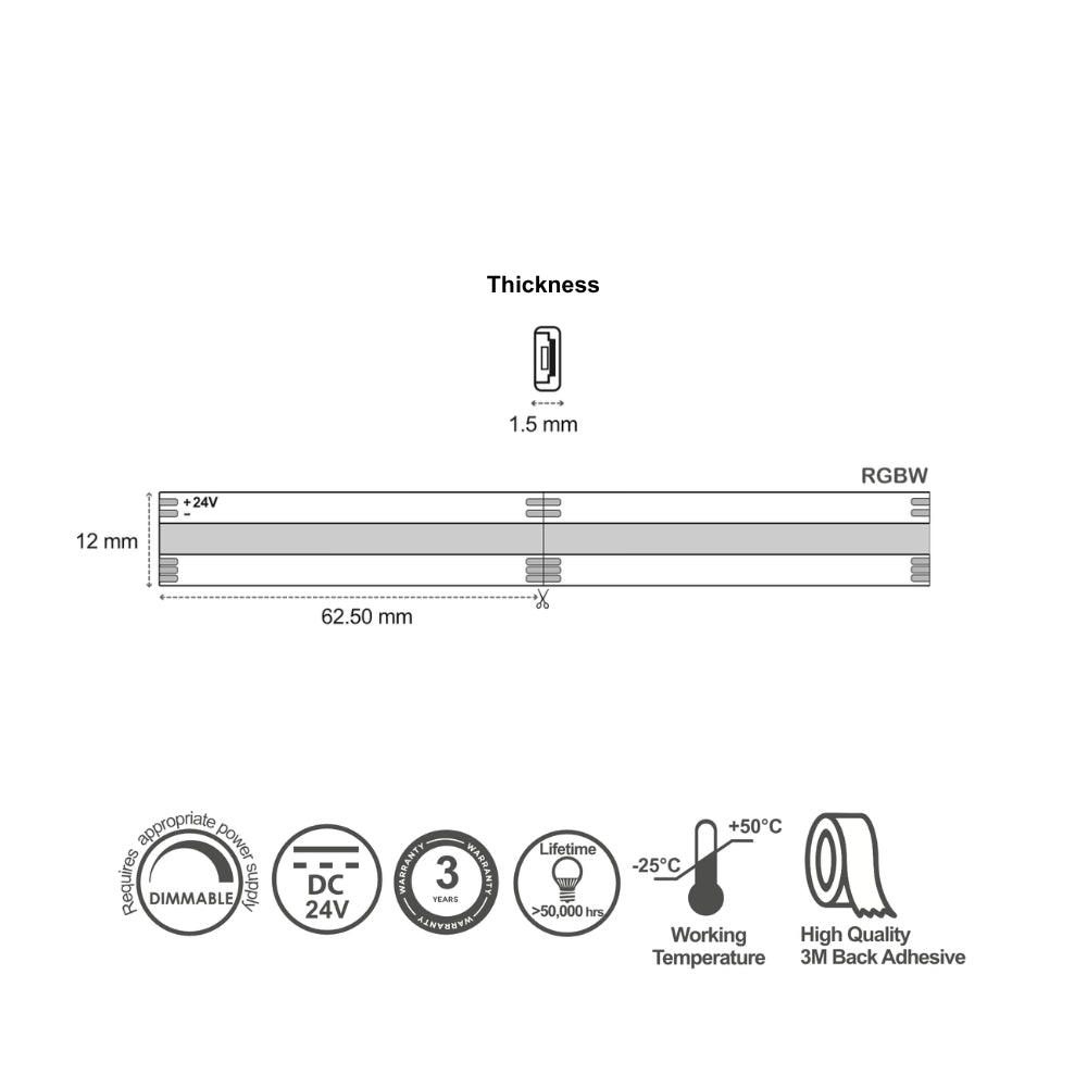 Canolight COB Strip Light 896LED/m 12mmPCB width 16W/m 5m/roll IP20 RGBW - CL-ST-COB-896-16-2420-RGBW