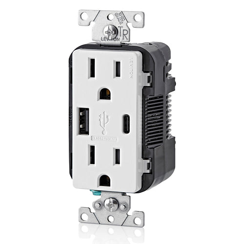 Leviton 5.1A USB Type A/Type-C Wall Outlet Charger with 15A Tamper-Resistant Outlet