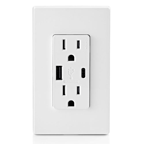 Leviton 5.1A USB Type A/Type-C Wall Outlet Charger with 15A Tamper-Resistant Outlet