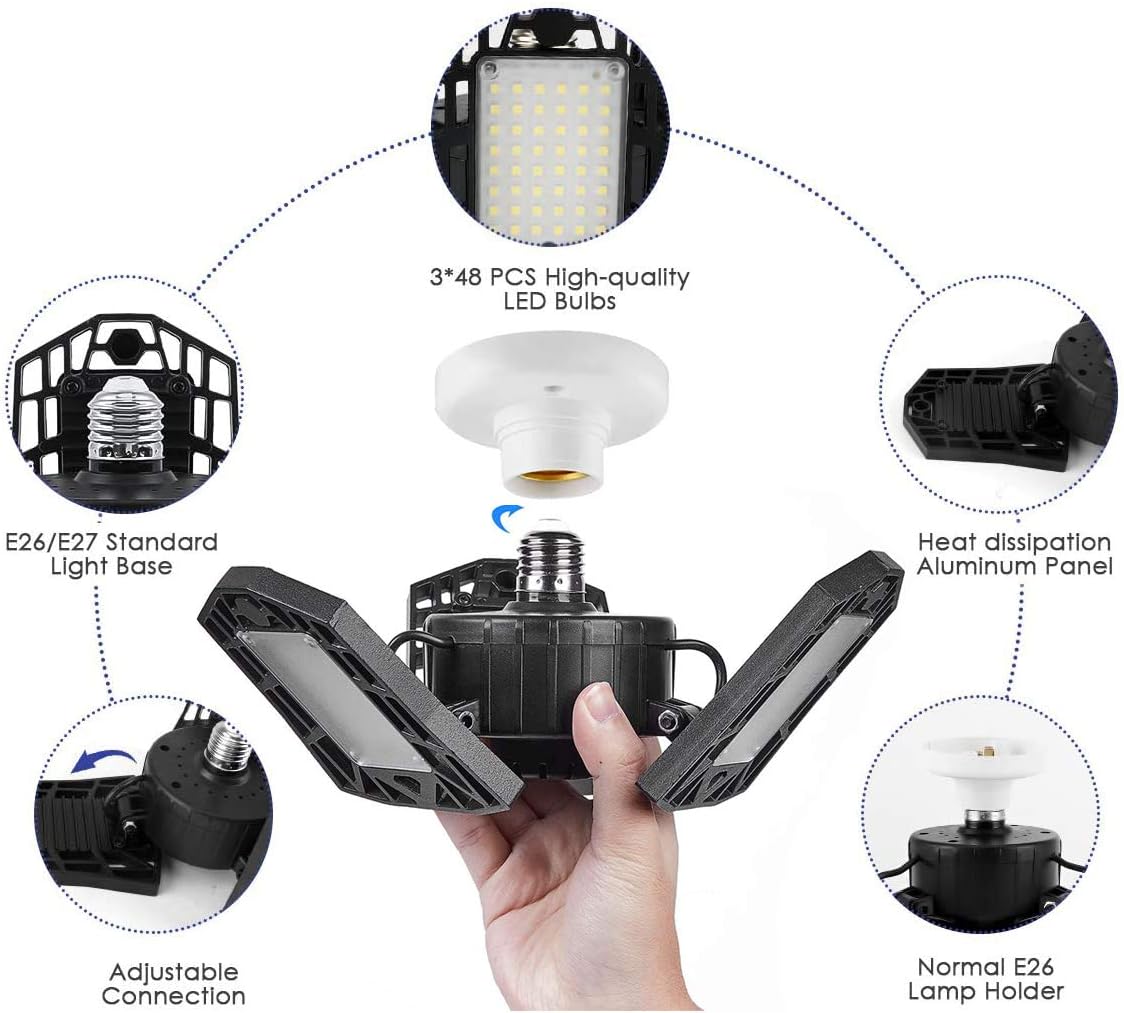 Deformable LED Garage Light - 6000 Lumen 6500K Daylight 60W