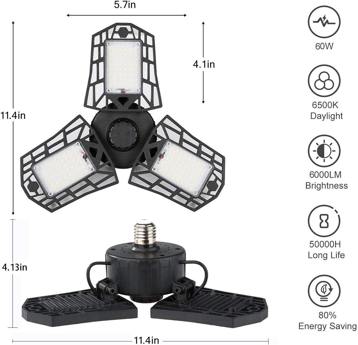 Deformable LED Garage Light - 6000 Lumen 6500K Daylight 60W