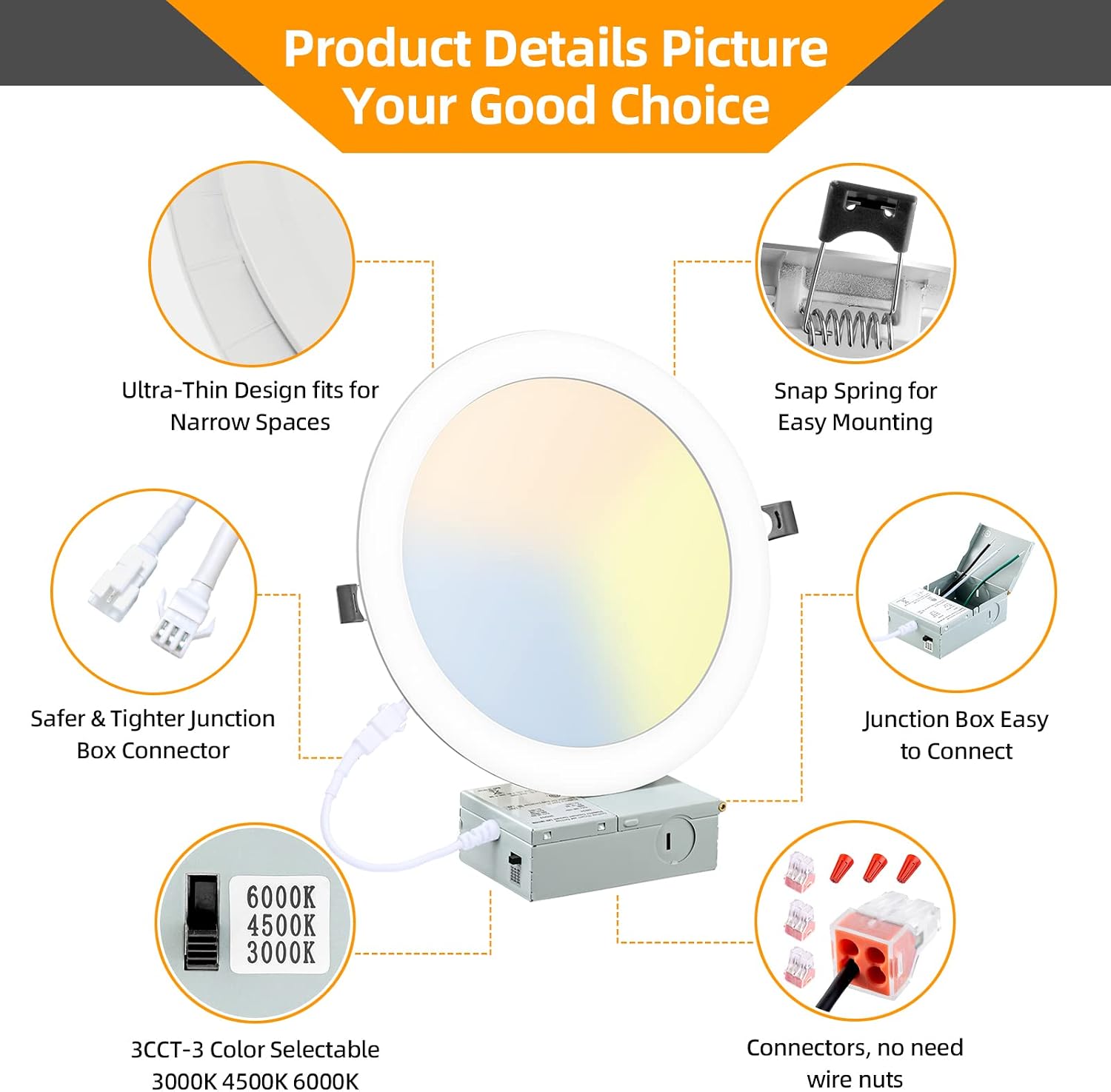 8‘’ Slim Recessed Led Light-Round White 3cct