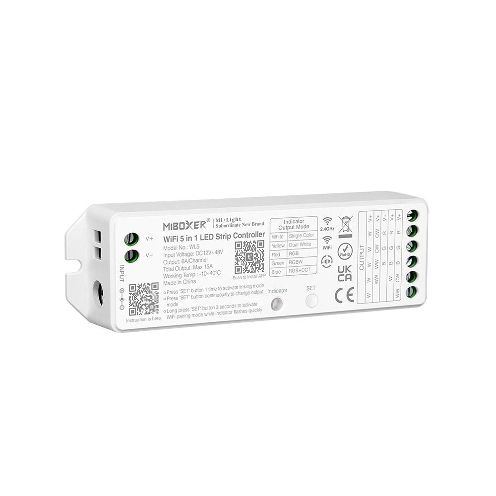 Canolight Wifi and RF2.4GHz Single color 3CCT RGB|RGBW|RGBCW 5 in 1 Controller Low Voltage 6A/ channel To - CL-AST-SWCWL5-LV