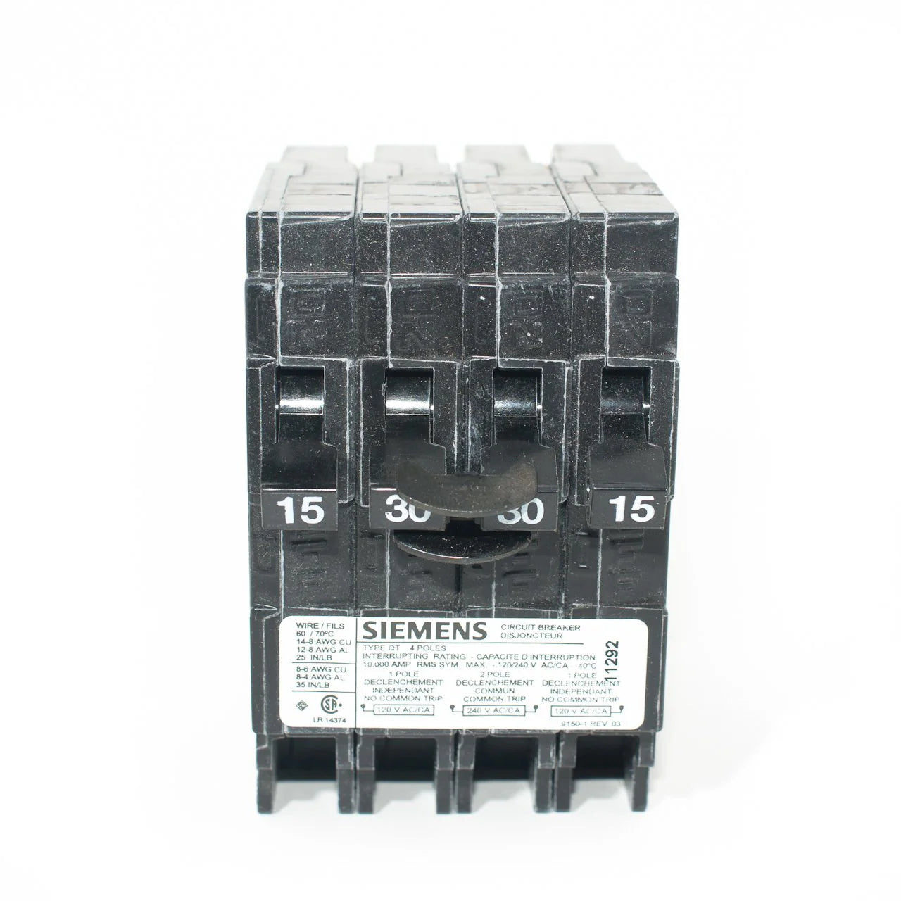 Siemens 15A/30A/15A Quad Push-In Circuit Breaker Q21530CTNC