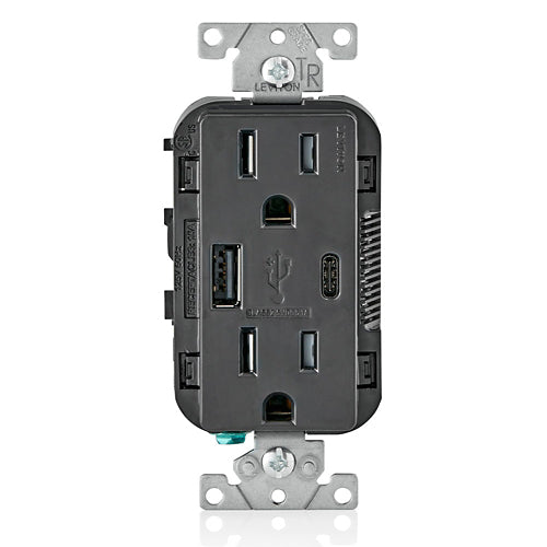 Leviton 5.1A USB Type A/Type-C Wall Outlet Charger with 15A Tamper-Resistant Outlet