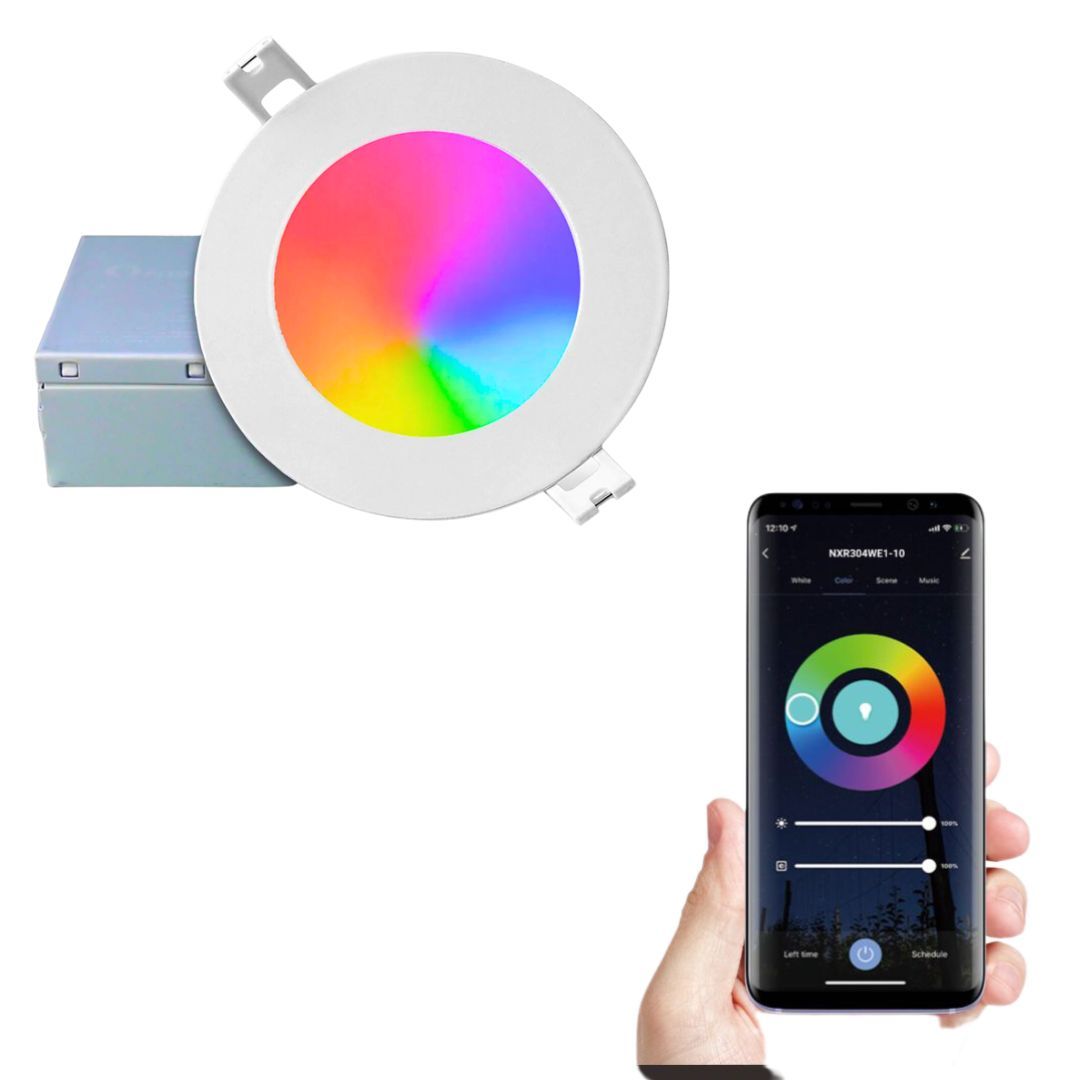 Downlight intelligent DEL mince 4 po – 600 lumens, garniture blanche, RVB + blanc réglable