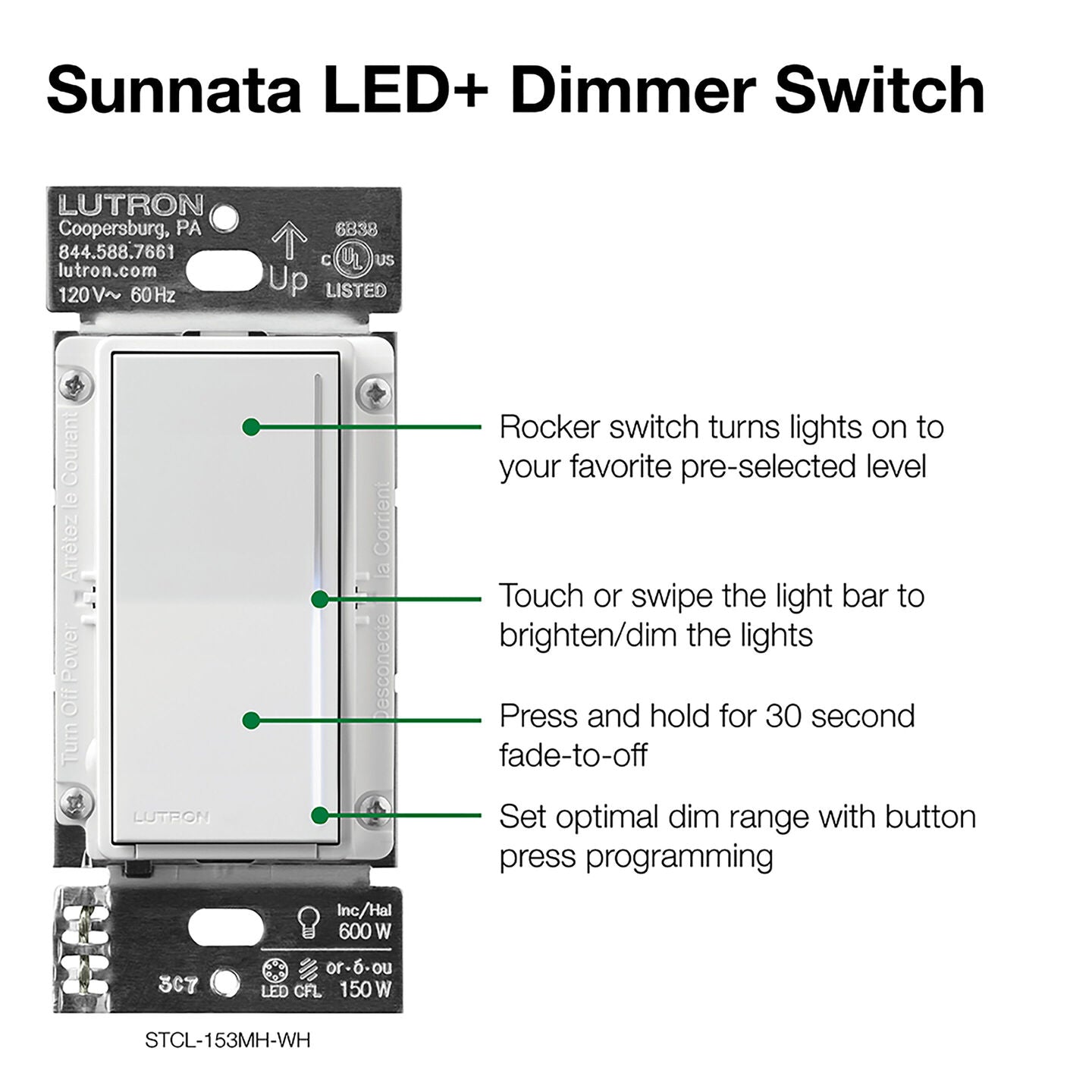 Lutron Sunnata Touch Dimmer STCL-153MR-WH-C