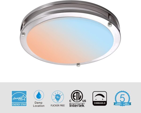 VOTATEC Flush Mount LED Ceiling Light Brushed Nickel (12 Inch / 15 Watt), 3CCT, Color Changeable, 3-way Adjustable, Round Surface Mount Slim LED Light Fixture  (12 inch, Color Adjustable)