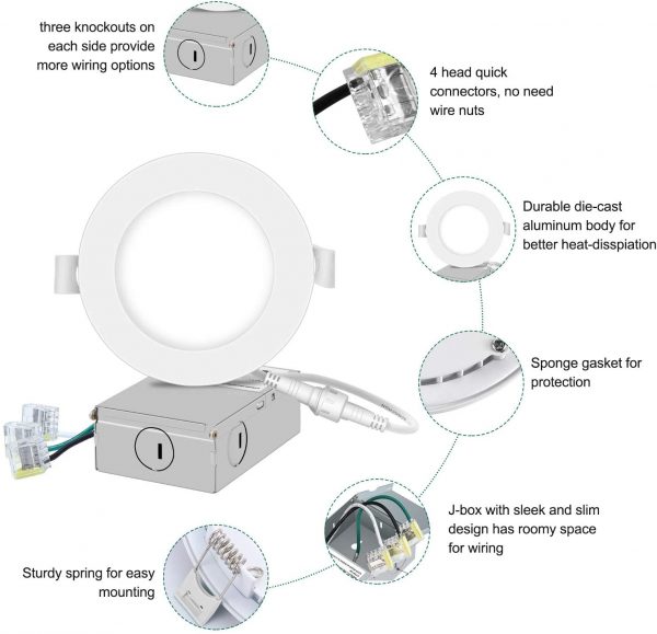 4in 9W 750LM LED Recessed Slim Pot Light with Junction box, Brush Nickel and Round Trim,  3cct CETL/Energy Star Listed - Image 2