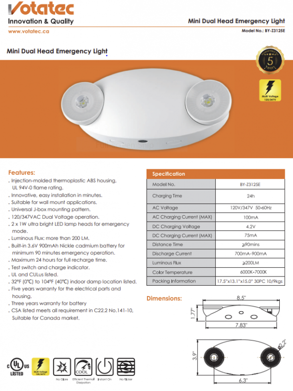 Mini Dual Head Emergency Light (90 Minutes) - Image 2