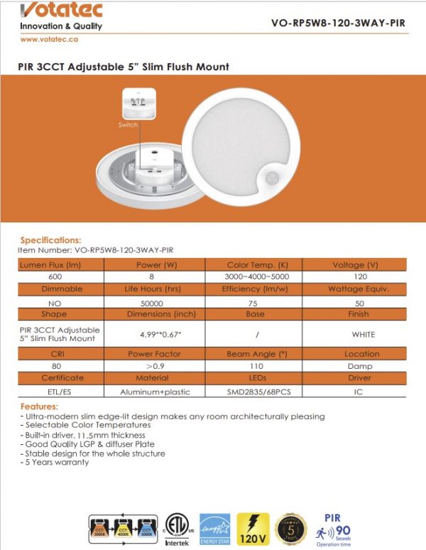 Votatec : PIR 3CCT Adjustable 5″ Slim Flush Mount - VO-RP5W8-120-3WAY-PIR - Image 5