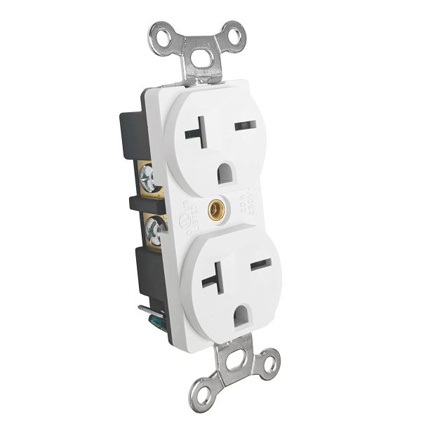 (BAS-012)250V-20A, White, Indoor Duplex Wall Outlet, 2-Pole, Straight Conductive Blade, Self Grounding Receptacle (Duplex)