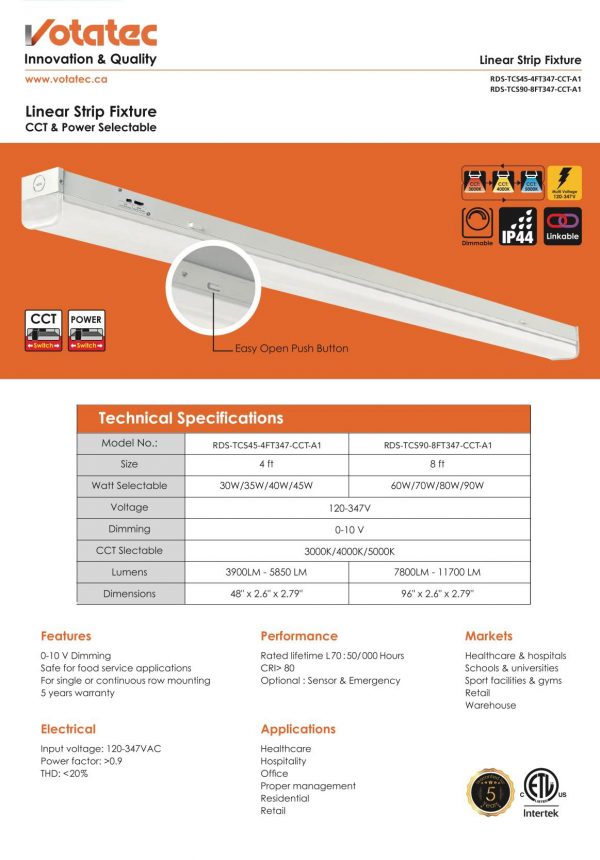 Votatec Linear Strip Fixture - CCT & Power Selectable - 4 ft - Image 2