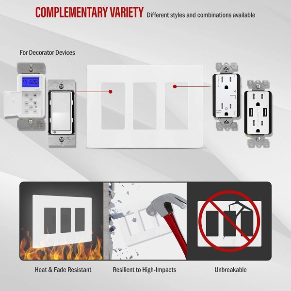 White Screwless Wall Plate, 3-gang