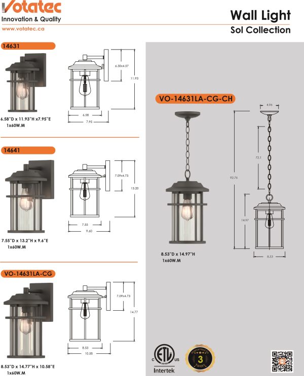 Wall Light SOL Collection with chain  (LARGE) 1XE26  BLACK - Image 2